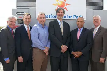 From left, Chancellor Marty Meehan; Jeff Johnston, principal, Cathartes Private Investments; Will Thompson, senior vice president Nexamp; Jim Goldenberg, principal, Cathartes; Gov. Deval Patrick; and Richard Sullivan, Massachusetts Energy and Environmental Affairs Secretary, help launch the Westford Solar Park.&nbsp;
