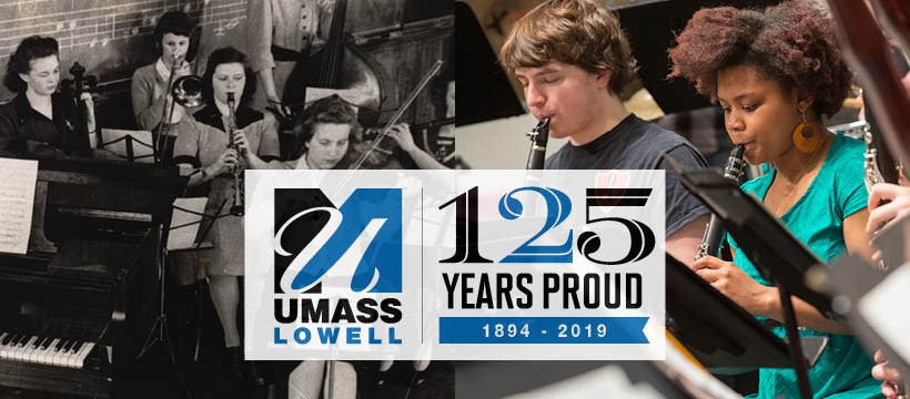 A band plays together in the 1940s vs. an orchestra playing together today overlaid with UMass Lowell "125 Years Proud" logo