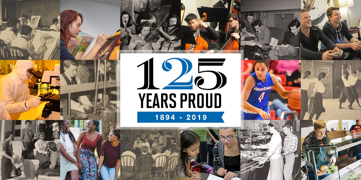 A collage of images, old and new with the UMass Lowell logo in the middle and the text "125 YEARS PROUD, 1894-2019" in the center
