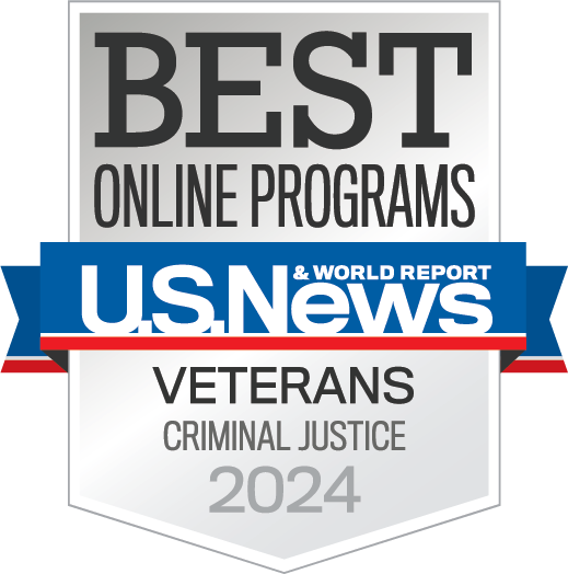 U.S. News & World Report badge for best online graduate criminal justice program for veterans.