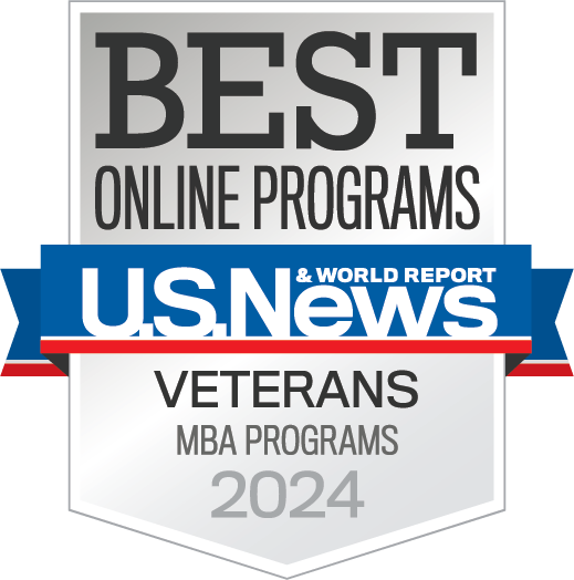 U.S. News & World Report badge for best online MBA program for veterans.