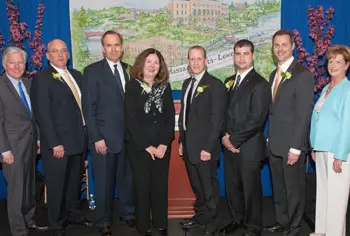 Shown at the awards event are, from left, Chancellor Marty Meehan &rsquo;78; award recipients James Regan &rsquo;88, Robert LeFort &rsquo;83, Linda FitzPatrick &rsquo;68, Richard Miner &rsquo;86, &rsquo;89, &rsquo;97, Michael Jarvis &rsquo;06 and Steven DiNoto &rsquo;94, &lsquo;97; and Executive Vice Chancellor Jacqueline Moloney '75, '92.