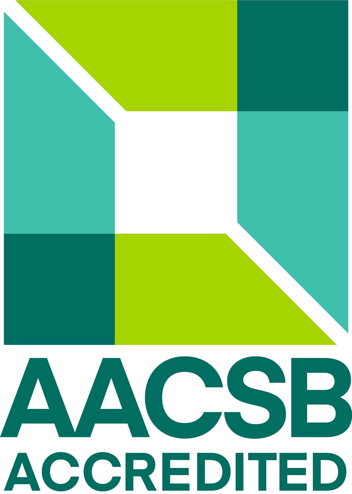 Green graphic square with words AACSB (Association to Advance Collegiate Schools of Business International) Accredited below it. 
