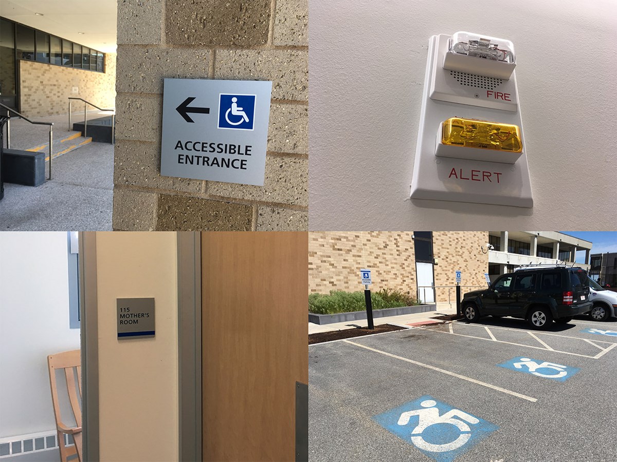 Examples for accessibility physical devises: accessible entrance, fire alarm with announciator, mother's room, accessible parking spaces