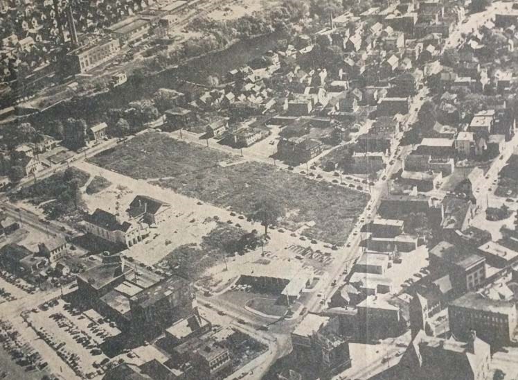 Aerial photo of Central Plaza in Lowell in 1960