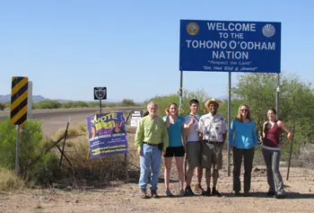 UMass Lowell volunteers arrive at the border of the Tohono O&rsquo;odham Reservation. From left, Prof. John Duffy, Jackie Zani, Greg Baldwin, Emmanuel Meloncourt, Prof. Diana Archibald and Maia Benevente.