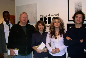 UMass Lowell gallery assistant Jason Allen joined the four BFA students who received best in show awards at the 22nd Annual BIG Student Show. From second from the left to right: Steve Kinney, Jessica Tawczynski, Alexandra Derderian and Peter Apperti.