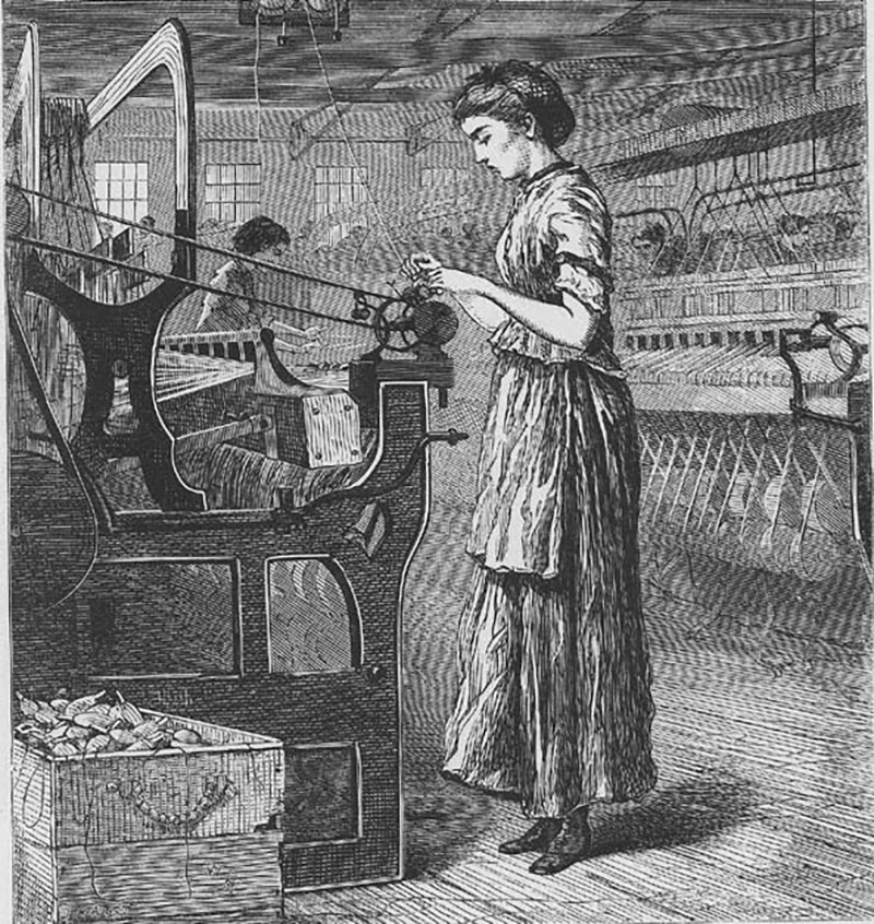 Bobbin Girl by Winslow Homer - kAn old drawing of a women working in the textile mill with other women's.  