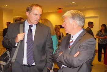 Prof. James Byrne, left, with Chancellor Marty Meehan, has been honored by the American Society of Criminology.