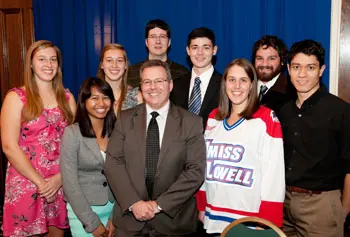 Lawrence Acquarulo &rsquo;81 meets with student recipients of the Acquarulo Family Endowed Scholarship Fund and other endowed funds at the Celebration of Scholarship Luncheon.