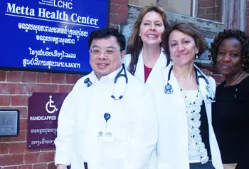 From left, doctor of nursing practice students Chann Touch, Catherine Elie and Cynthia Greywolf in front of the Metta Health Center in Lowell with Mercy Anampiu works at the Lowell Community Health Center, a partner on the DNP grant.