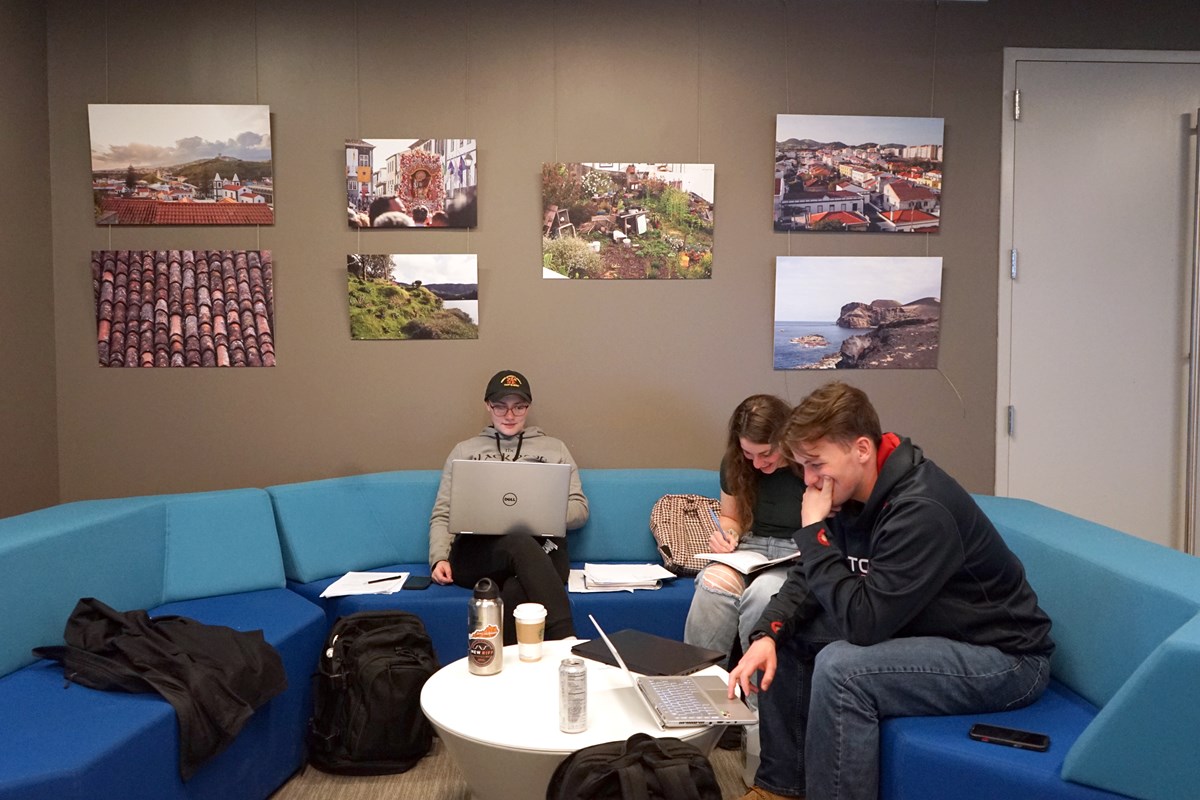 Three people sit on blue couches doing homework. There are photos hanging on the wall behind them.
