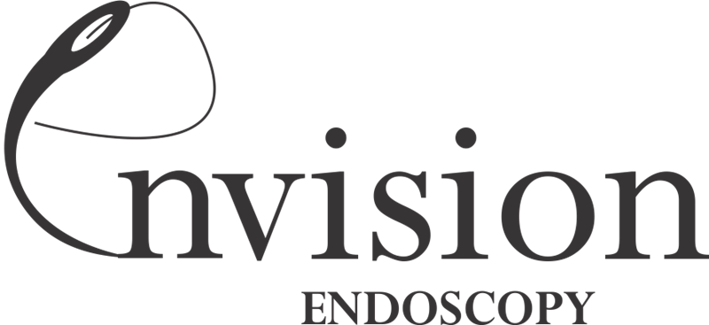 envision endoscopy logo with the words: Envision Endoscopy in black letters with a needle threading as the E in Envision.