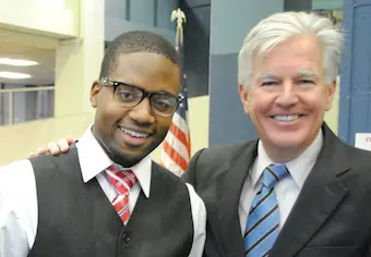 Nursing freshman Erneston Maurissaint and Chancellor Marty Meehan.