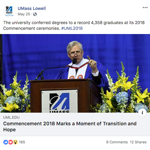 Screenshot of a Facebook post on UMass Lowell's timeline