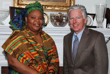 Chancellor Marty Meehan with Nobel Peace Prize winner Leymah Gbowee during her visit to campus in spring of 2011.