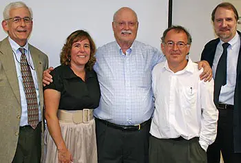 Boris Shraiman of the University of California, Santa Barbara, with, from left, UMass Lowell Science Dean Robert Tamarin, Deme Gys of the University Advancement, Prof. Emeritus Albert Altman and Prof. Robert Giles, chair of the Physics Department.