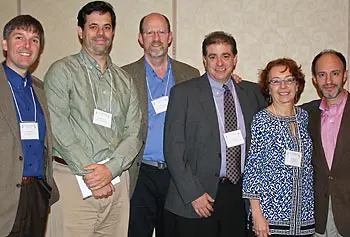 The 2011 Carbon Smarts Conference speakers include, from left, John Anderson (New England Aquarium), &nbsp;Andrew Shouse (University of Washington), Dean Grosshandler (American Educational Research Association), UMass Lowell Assoc. Prof. David Lustick, education consultant Julie Benyo and David Rabkin (Museum of Science, Boston).