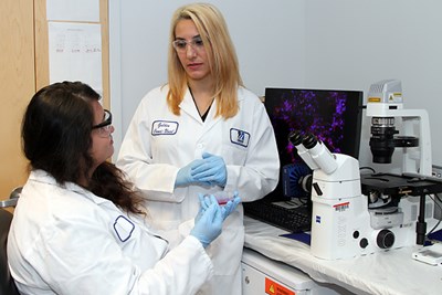 Asst. Prof. Gulden Camci-Unal and her student in the lab