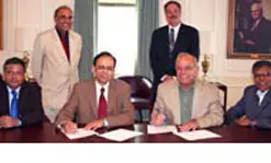 From left to right: Dr. S. K. Nayak, Prof. Ramani Narayan, Secretary Shri Bijoy Chatterjee, Prof. Stephen McCarthy, Provost Ahmed Abdelal, and Prof. Krishna Vedula.