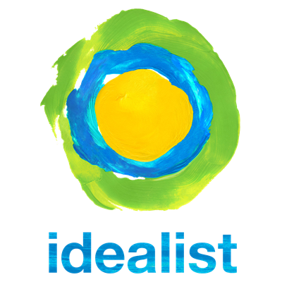 Logo - uneven painted circles of green, followed by blue and yellow with the word idealist in blue below it. 