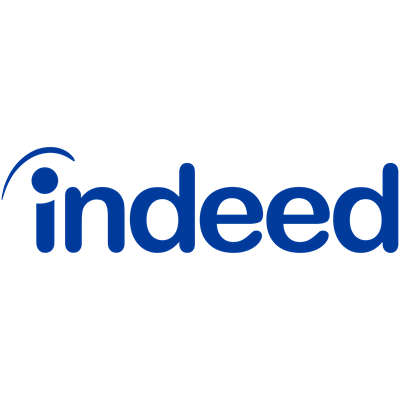 Indeed logo: blue letters indeed with swoosh over the i on a white background.