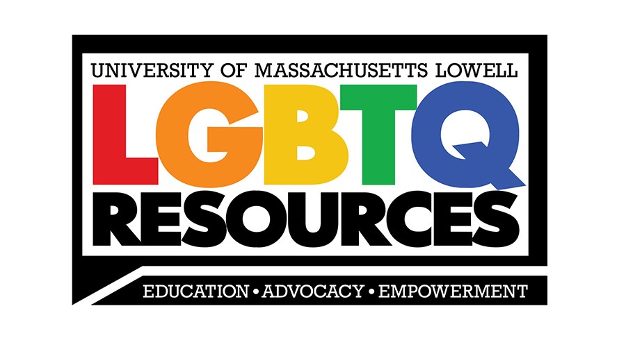 Logo with text: University of Massachusetts Lowell LGBTQ Resources Education . Advocacy . Empowerment