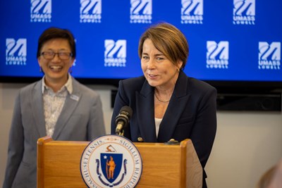 UMass Lowell Chancellor Julie Chen and Gov. Maura Healey at LINC announcement