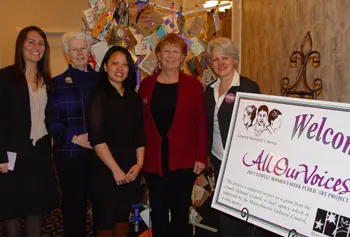 Lowell Women's Week 2012 started with a successful breakfast celebration. From left, master of ceremonies Allegra Williams '09, professor emerita Anne Mulvey, Because of Her award winner Molyka Tieng '00, Susan Kapuscinski Gaylord and the Irene Egan, in front of a public art display by Gaylord.