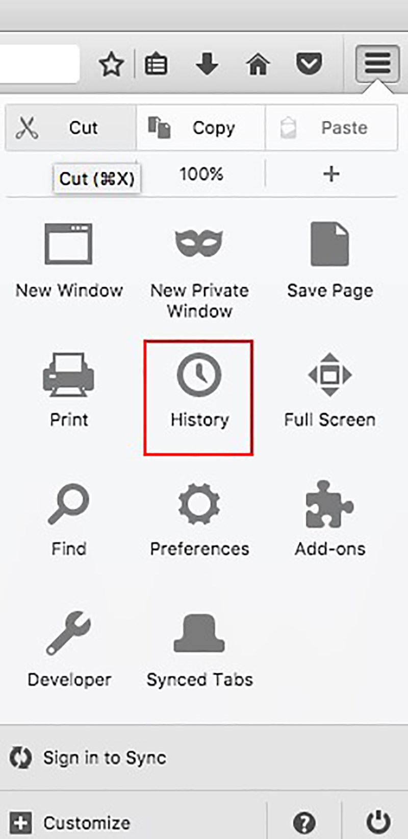 Click the menu button in the upper right corner of the Firefox window and select History