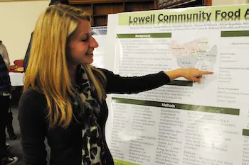 In partnership with the Lowell Food Security Coalition, senior community health student Michelle DiCiaccio researched the availability of healthy food for people who live in the Acre section of Lowell.
