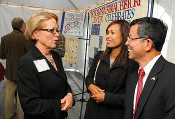U.S. Rep. Niki Tsongas, seen here speaking with Lowell City Councilor Vesna Nuon at right, said the Tsongas Industrial History Center embodies the late Sen. Paul Tsongas' values.