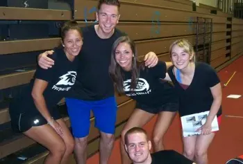 Standing from left, second-year DPT students Celine DeMaggio, Connor Ryan, Heather Jones and senior exercise physiology students Molly Nowill and Greg Titus.