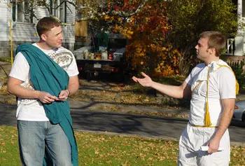 Plato, left, played by Derek Winslow, &nbsp;and Socrates, right, played by Mike Gustafson, wore their formal robes to Prof. Ethan Spanier&rsquo;s ancient Greek history class.