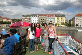 Asst. Prof. Jana Sladkova, second from left. led a&nbsp;program for UMass Lowell students this summer at Charles University in Prague to study immigration issues in the U.S. and Central Europe.&nbsp;