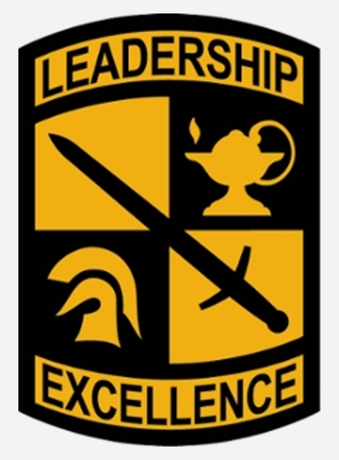 ROTC Patch stating Leadership and Excellence with a sword, lamp of knowledge and warrior helmet
