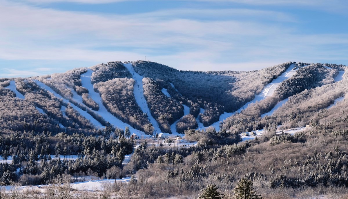 Panoramic view of Ragged Mountain ski runs in winter.
