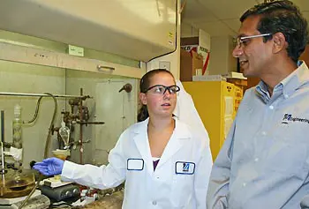 
						Methuen High School student Michaela Cullum-Doyle working in the lab with her adviser, plastics engineering Assoc. Prof. Ramaswamy Nagarajan.
					