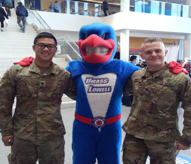 Two Cadets posing with RiverHawk mascot