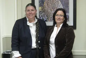 Christine Scharf-Hagenmiller, right, of the University of Regensburg in Germany spent two weeks at UMass Lowell on an international work exchange program. Her visit was coordinated by Mary Robbins, left, special assistant to the provost for international affairs.