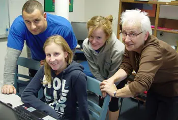 Judith Davidson, right, meets weekly with the student research team that includes Rob Tanso, Lindsay Tucker and Maryann Ford.