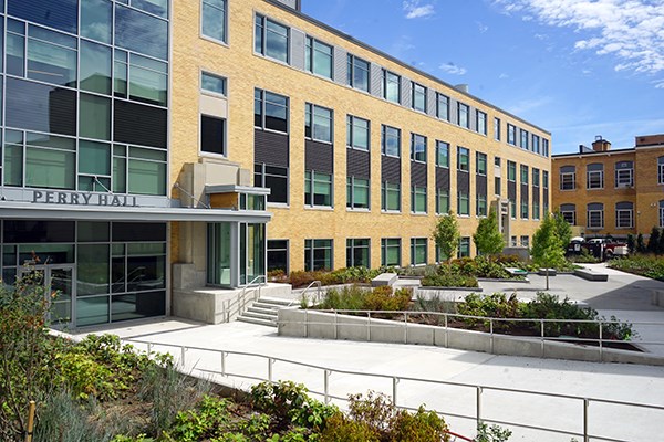 A view of the new Cumnock Courtyard outside of Perry Hall