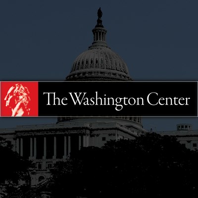 Logo for the Washington Center: George Washington's head on a red background and the words: The Washington Center to the right overlayed over the U.S. Capitol building.