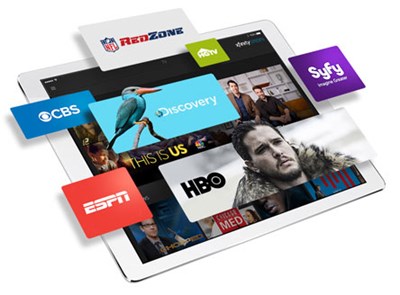 Tablet with apps and TV show titles popping out: NFL RedZone, CBS, Discovery, SYFY,HGTV, ESPN, HBO, This is Us, Chopped and Xfinity logo.