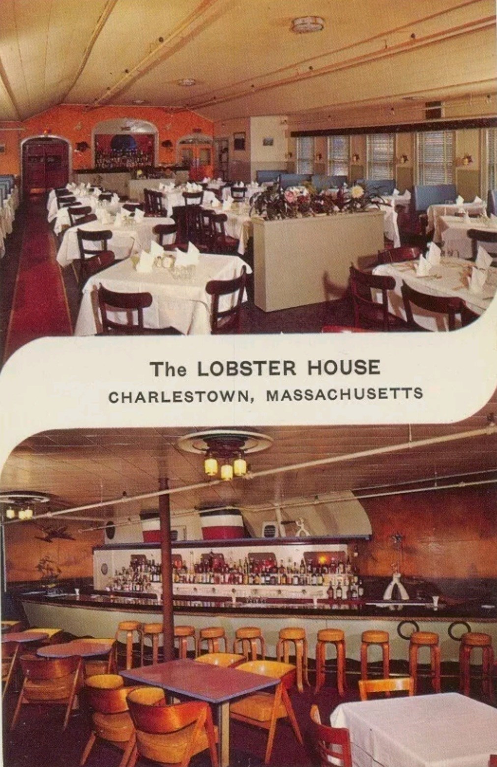 Ad showing pictures of the inside of a restaurant with text: The Lobster House, Charlestown, Massachusetts.
