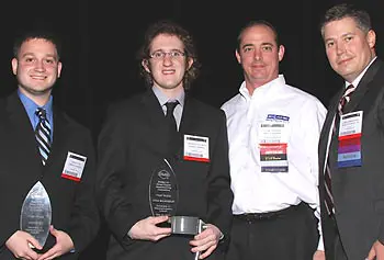 From left, graduate students Jordan Tye and Adam McLaughlin receive their trophies from Carl Dekker of the DDM Tech Group and Andy Christensen of the RTAM Community during the Society of Manufacturing Engineers conference in May in Minneapolis.