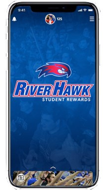 Cell phone with RiverHawk student rewards app on screen