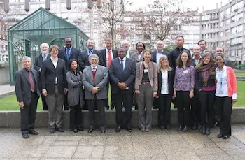 Ken Geiser, left, front, with Rachel Massey, third from the right, worked with members of a steering committee at the headquarters of the UN Environment Programme in Geneva to develop a chemicals report that will be released at a major global environmental meeting in June.