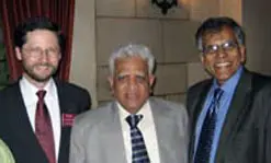 Prof. Jan Helge, left,&nbsp;Virginia Tech University, and Dr. N. R. Shetty, president of the Indian Society for Technical Education, join Krishna Vedula in planning for engineering education.&nbsp;