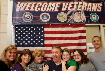 From left, staff members Janine Wert, Linda Morabito and Nancy Sireen; student veteran Bryan Bishop; student workers Katie Henckler, Ericka Haddad and Jared Patterson.